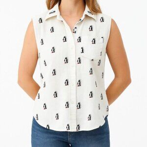 Classic Elegance Sleeveless White Women's Penguin Print Shirt Size 12